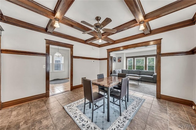 61 Norwalk Ave, Buffalo, NY 14216 - dining room with baseboards, coffered ceiling, ceiling fan, and beamed ceiling