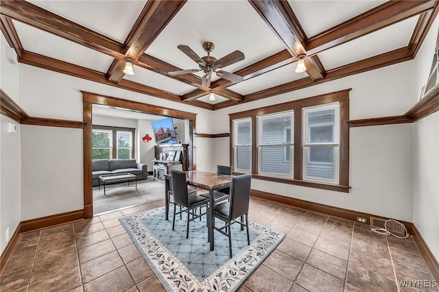 61 Norwalk Ave, Buffalo, NY 14216 - dining space with baseboards, ceiling fan, beamed ceiling, coffered ceiling, and tile patterned floors