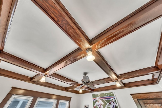 61 Norwalk Ave, Buffalo, NY 14216 - detailed view of coffered ceiling, beam ceiling, and ceiling fan