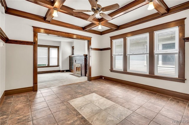 61 Norwalk Ave, Buffalo, NY 14216 - carpeted spare room with baseboards, a fireplace, coffered ceiling, ceiling fan, and beam ceiling