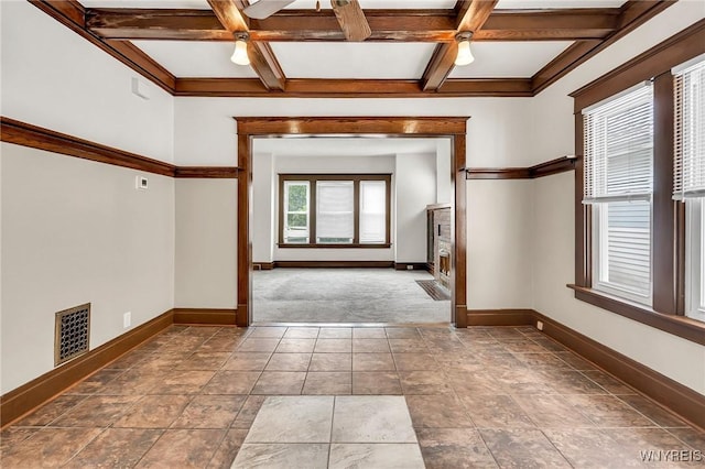 61 Norwalk Ave, Buffalo, NY 14216 - unfurnished room with baseboards, coffered ceiling, beamed ceiling, and carpet