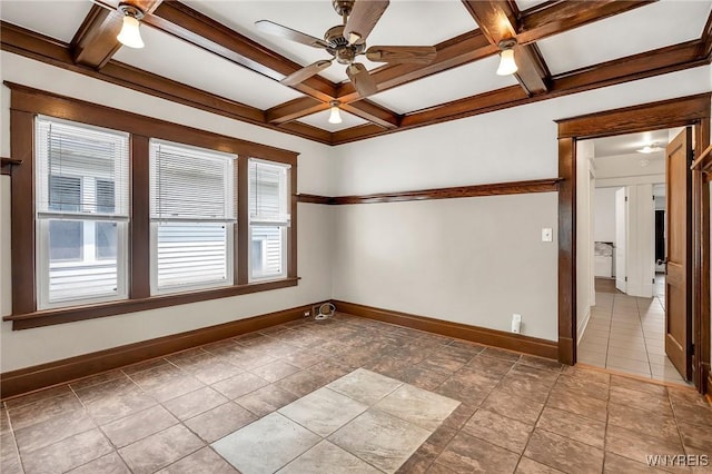 61 Norwalk Ave, Buffalo, NY 14216 - spare room featuring ceiling fan, coffered ceiling, baseboards, beam ceiling, and tile patterned flooring