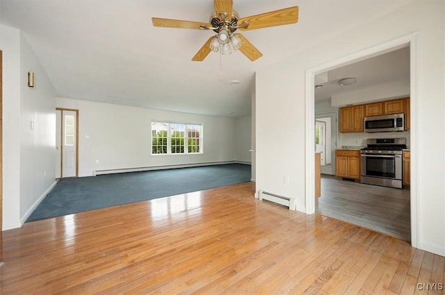 120 Getmac Ave, Lenox, NY 13032 - unfurnished living room with a baseboard radiator, light wood-type flooring, a ceiling fan, a baseboard heating unit, and baseboards
