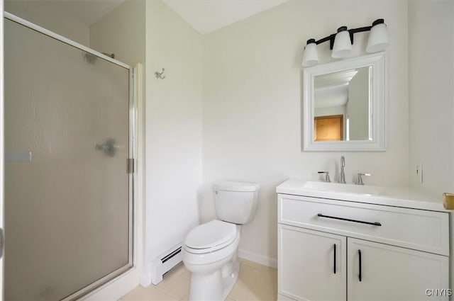 120 Getmac Ave, Lenox, NY 13032 - bathroom featuring a baseboard radiator, a shower stall, toilet, tile patterned flooring, and baseboards