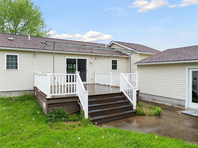 120 Getmac Ave, Lenox, NY 13032 - rear view of house featuring a wooden deck, a shingled roof, and a patio