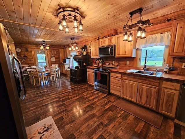 4138 Hubbs Rd, Hector, NY 14818 - kitchen with stainless steel appliances, dark wood finished floors, wooden ceiling, plenty of natural light, and a sink