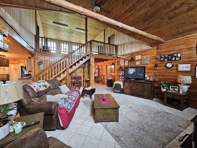 4138 Hubbs Rd, Hector, NY 14818 - living area with wood walls, tile patterned flooring, ceiling fan, high vaulted ceiling, and stairs