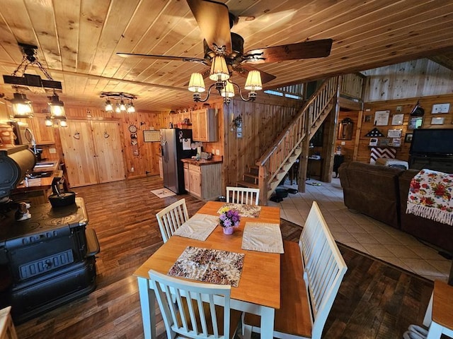 4138 Hubbs Rd, Hector, NY 14818 - dining room featuring wooden ceiling, wooden walls, hardwood / wood-style floors, ceiling fan, and stairway