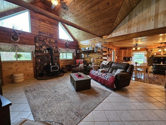 4138 Hubbs Rd, Hector, NY 14818 - living area featuring light tile patterned flooring, ceiling fan, a wood stove, high vaulted ceiling, and wood walls