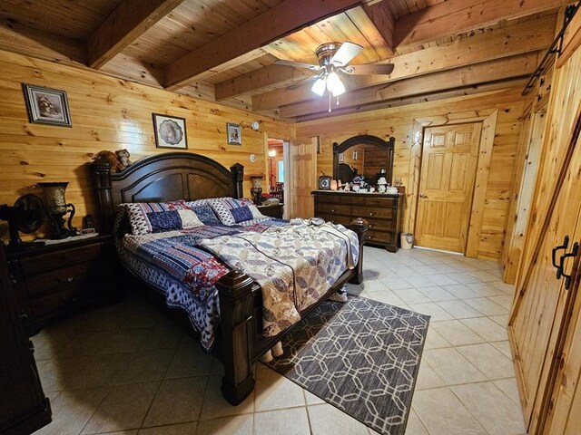 4138 Hubbs Rd, Hector, NY 14818 - bedroom featuring wooden ceiling with exposed beams, wooden walls, and light tile patterned floors