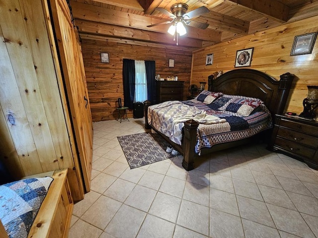 4138 Hubbs Rd, Hector, NY 14818 - bedroom featuring light tile patterned floors, wood walls, and wood ceiling with exposed beams