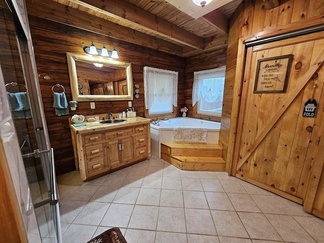 4138 Hubbs Rd, Hector, NY 14818 - full bath featuring wooden ceiling with exposed beams, vanity, a garden tub, tile patterned floors, and wood walls