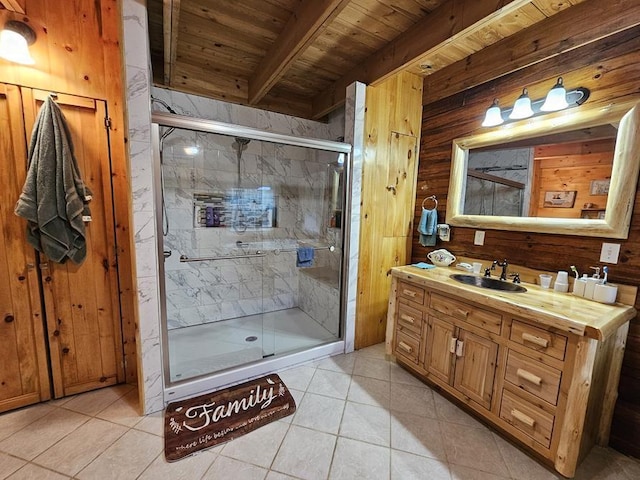 4138 Hubbs Rd, Hector, NY 14818 - bathroom featuring wooden ceiling with exposed beams, tile patterned floors, vanity, a stall shower, and wood walls