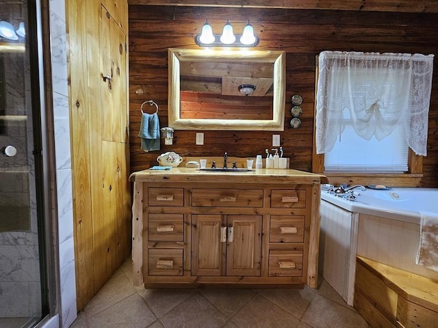 4138 Hubbs Rd, Hector, NY 14818 - bathroom featuring vanity, a shower stall, a bath, log walls, and tile patterned floors