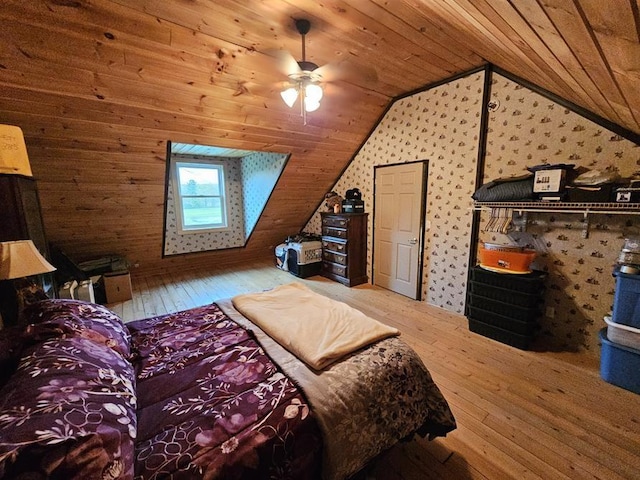 4138 Hubbs Rd, Hector, NY 14818 - bedroom featuring hardwood / wood-style flooring, wood ceiling, lofted ceiling, and wallpapered walls