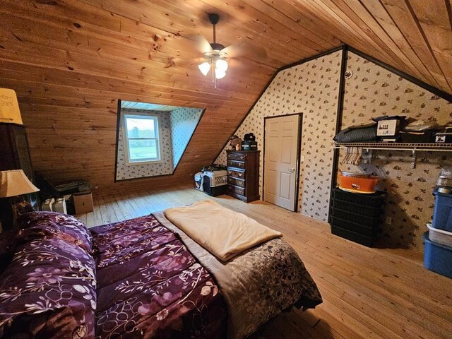 4138 Hubbs Rd, Hector, NY 14818 - bedroom with wood-type flooring, wooden ceiling, lofted ceiling, and wallpapered walls
