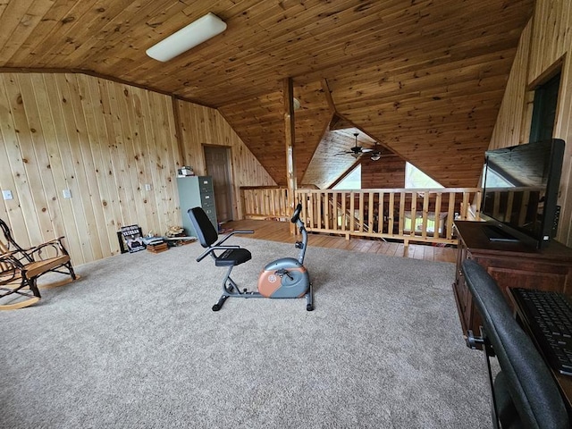 4138 Hubbs Rd, Hector, NY 14818 - workout room featuring vaulted ceiling, a ceiling fan, wood walls, wood ceiling, and carpet floors