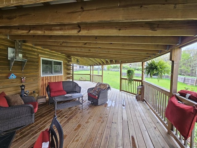 4138 Hubbs Rd, Hector, NY 14818 - wooden terrace featuring outdoor lounge area and a lawn