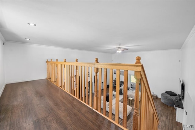 7678 Totman Rd, Cicero, NY 13212 - hallway featuring crown molding, wood finished floors, an upstairs landing, baseboards, and recessed lighting