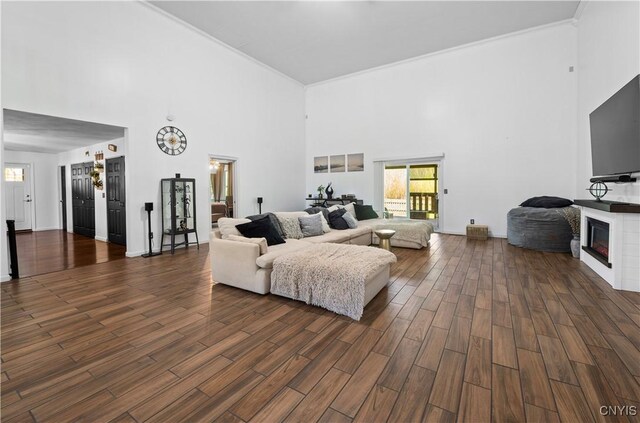 7678 Totman Rd, Cicero, NY 13212 - living room featuring a towering ceiling, dark wood-style floors, a glass covered fireplace, and ornamental molding