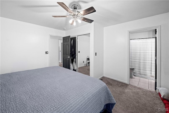 7678 Totman Rd, Cicero, NY 13212 - bedroom with carpet, a closet, connected bathroom, baseboards, and a ceiling fan