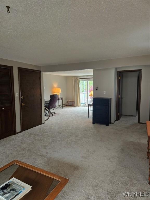 living room featuring carpet flooring and a textured ceiling