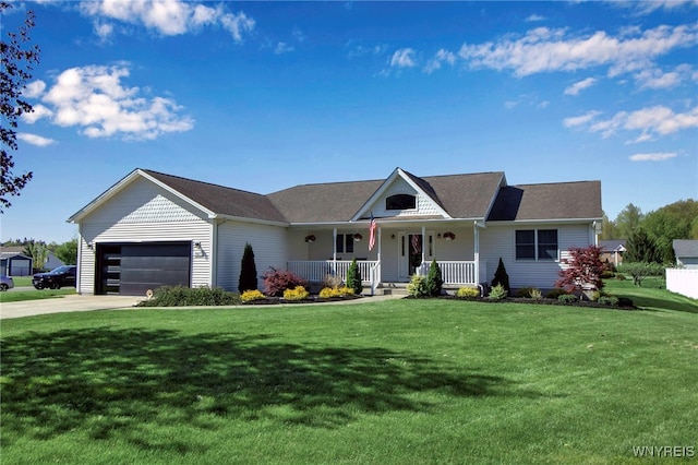 761 Pletcher Rd, Lewiston, NY 14092 - view of front of home featuring covered porch, an attached garage, concrete driveway, and a front yard