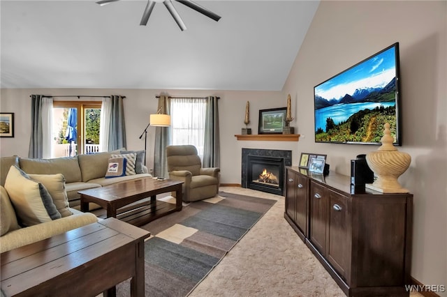 761 Pletcher Rd, Lewiston, NY 14092 - carpeted living area featuring a ceiling fan, vaulted ceiling, and a fireplace