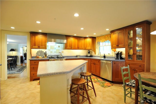 77 Hendy Creek Rd, Big Flats, NY 14905 - kitchen featuring stainless steel dishwasher, wall chimney exhaust hood, recessed lighting, a kitchen island, and a breakfast bar area