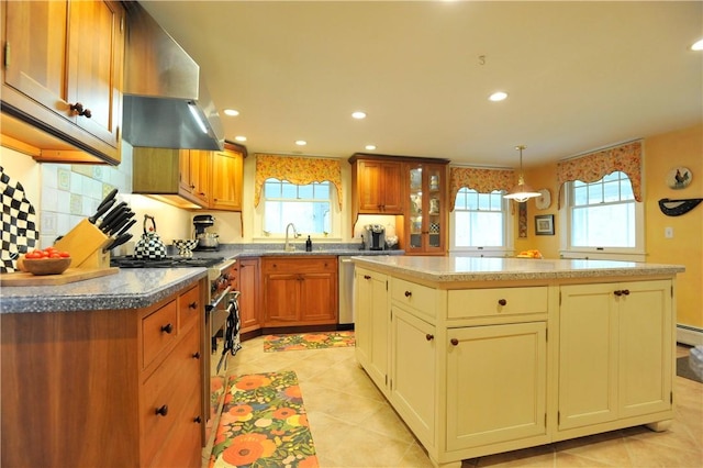 77 Hendy Creek Rd, Big Flats, NY 14905 - kitchen featuring wall chimney range hood, stainless steel appliances, a kitchen island, recessed lighting, and a sink