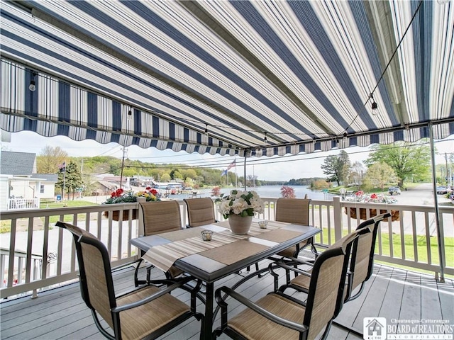 10412 Main St, Mina, NY 14736 - wooden deck featuring outdoor dining space and a water view