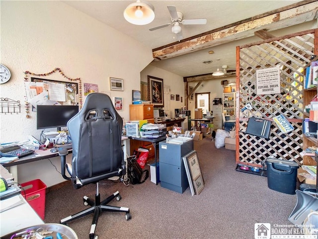 10412 Main St, Mina, NY 14736 - carpeted office featuring a ceiling fan and beamed ceiling