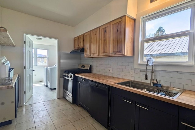 5 Bronk St, Oneonta-City, NY 13820 - kitchen with stainless steel range with gas cooktop, dishwasher, a sink, butcher block countertops, and backsplash