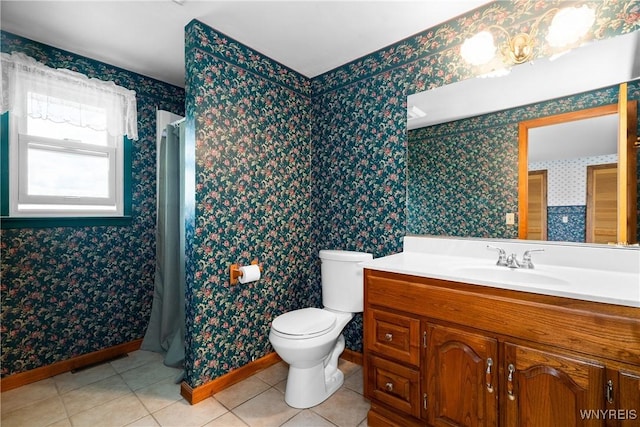 full bath with wallpapered walls, toilet, tile patterned flooring, baseboards, and vanity