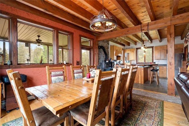 463 Hughes Rd, Russia, NY 13438 - dining space with a wood stove, wood ceiling, beamed ceiling, and light wood finished floors