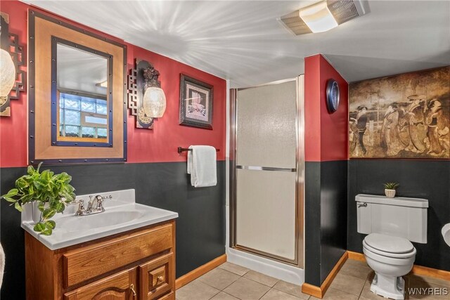 full bath with tile patterned flooring, a shower stall, toilet, vanity, and baseboards