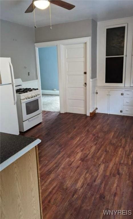 11 Indian Church Rd Unit S, Buffalo, NY 14210 - kitchen with white appliances, ceiling fan, and dark wood-style flooring