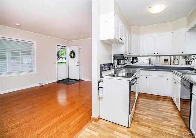 6 Tyler Ct, Manlius, NY 13104 - kitchen with white electric stove, light wood-style floors, white cabinetry, crown molding, and dishwasher