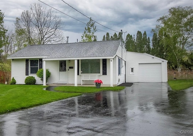 6 Tyler Ct, Manlius, NY 13104 - ranch-style home with driveway, roof with shingles, a porch, and an attached garage