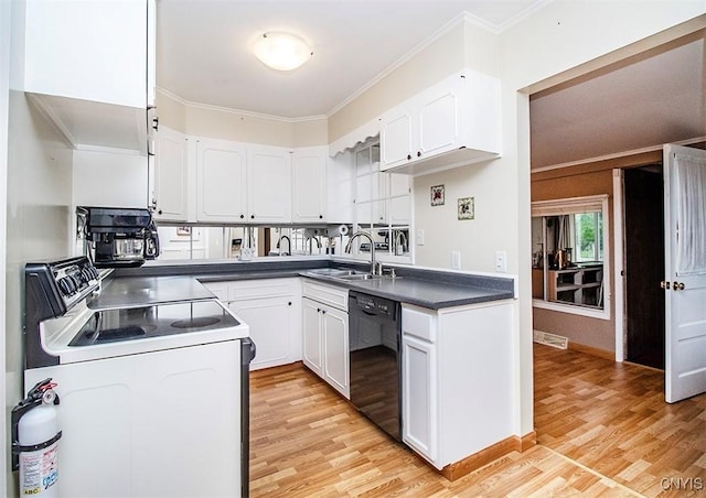 6 Tyler Ct, Manlius, NY 13104 - kitchen featuring white electric range oven, black dishwasher, a sink, crown molding, and light wood-style floors
