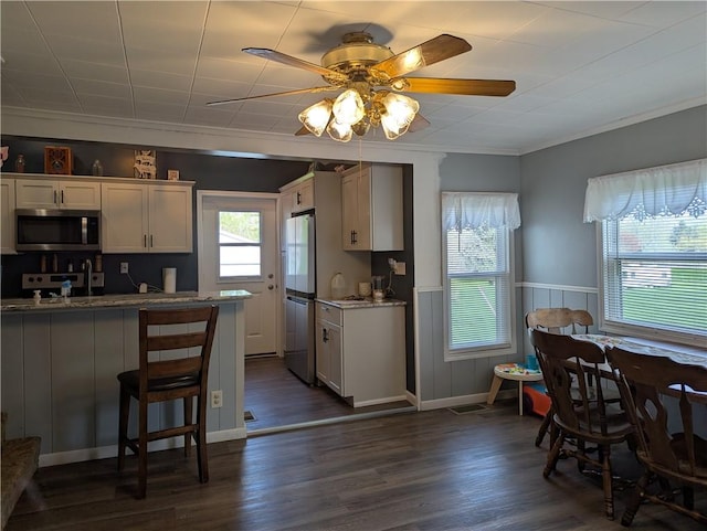 5 S Hartland St, Royalton, NY 14105 - kitchen featuring stainless steel appliances, crown molding, white cabinets, dark wood-type flooring, and a wainscoted wall