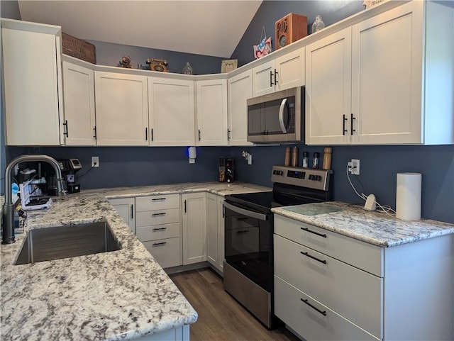 5 S Hartland St, Royalton, NY 14105 - kitchen featuring stainless steel appliances, a sink, lofted ceiling, dark wood finished floors, and light stone counters