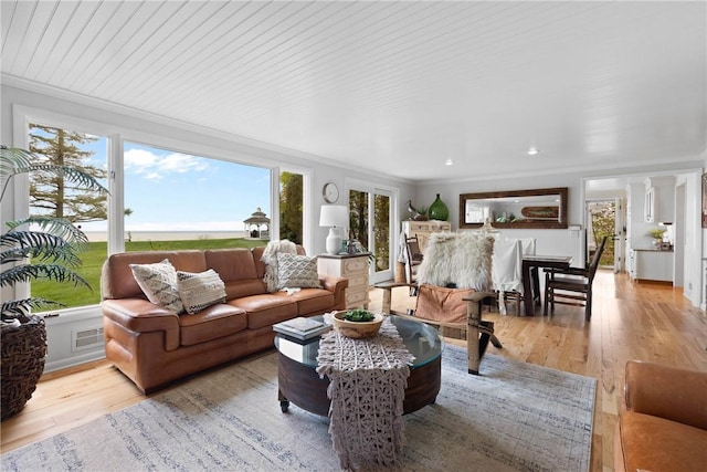 living room featuring wood finished floors and crown molding