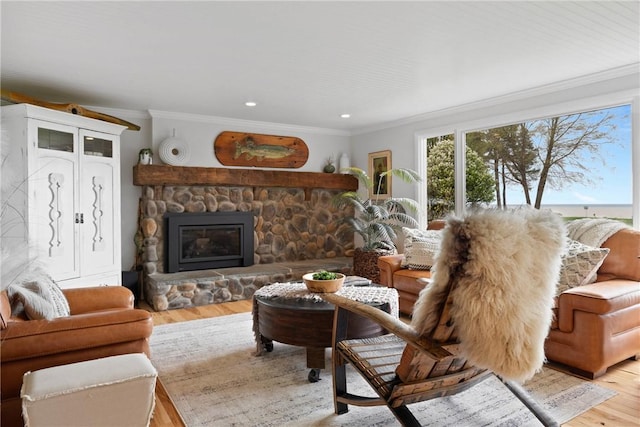 living area with ornamental molding, wood finished floors, a fireplace, and recessed lighting