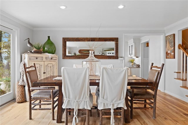 dining space featuring stairs, light wood-type flooring, crown molding, and recessed lighting
