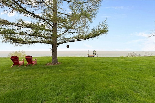 view of grassy yard featuring a water view