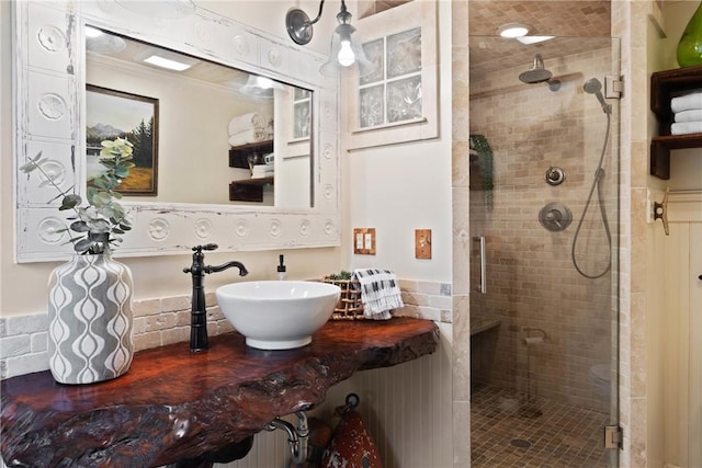 bathroom with a shower stall and a sink