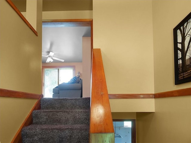 staircase with a ceiling fan
