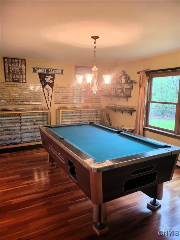 3130 Meadow View Ln, Sennett, NY 13021 - game room featuring wood finished floors, pool table, and a chandelier