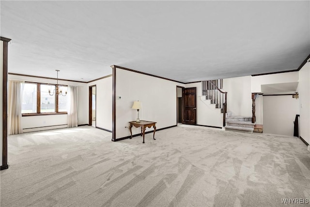 187 Dan Troy Dr, Amherst, NY 14221 - unfurnished living room with a baseboard heating unit, ornamental molding, a chandelier, carpet floors, and stairway